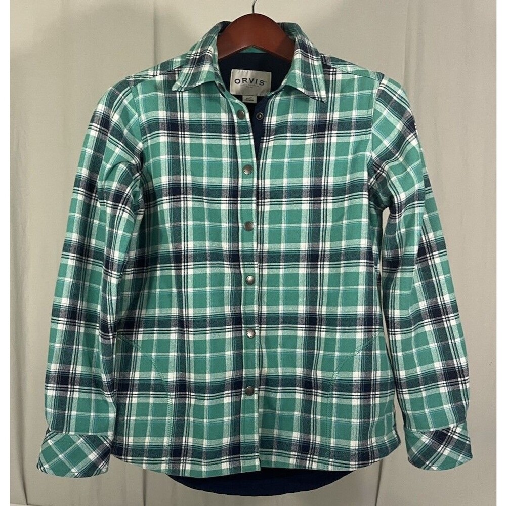 Orvis Flannel Men’s Green Blue Plaid Long Sleeve Shirt Fleece Lined Size Small